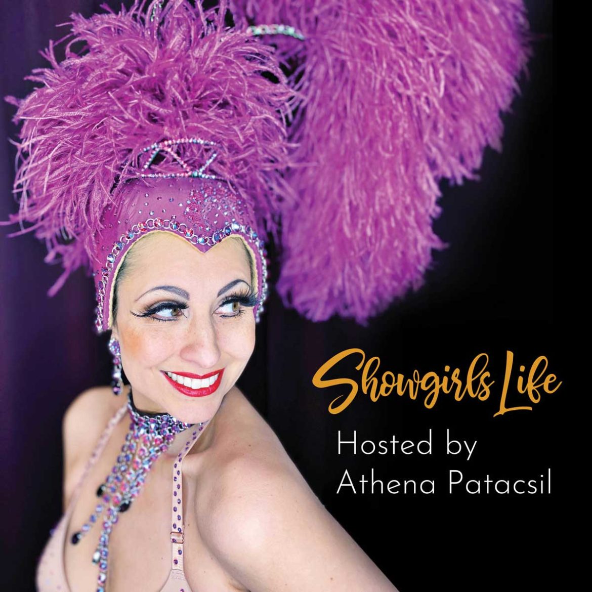 Showgirls Life podcast former Las Vegas showgirl Athena in purple showgirl headdress